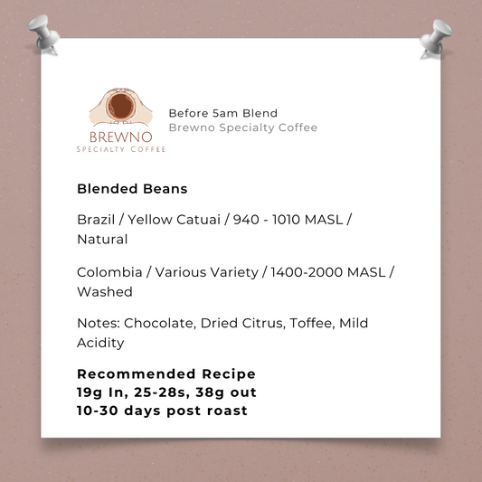 Brewno Specialty Coffee blended beans information sheet on a brown background