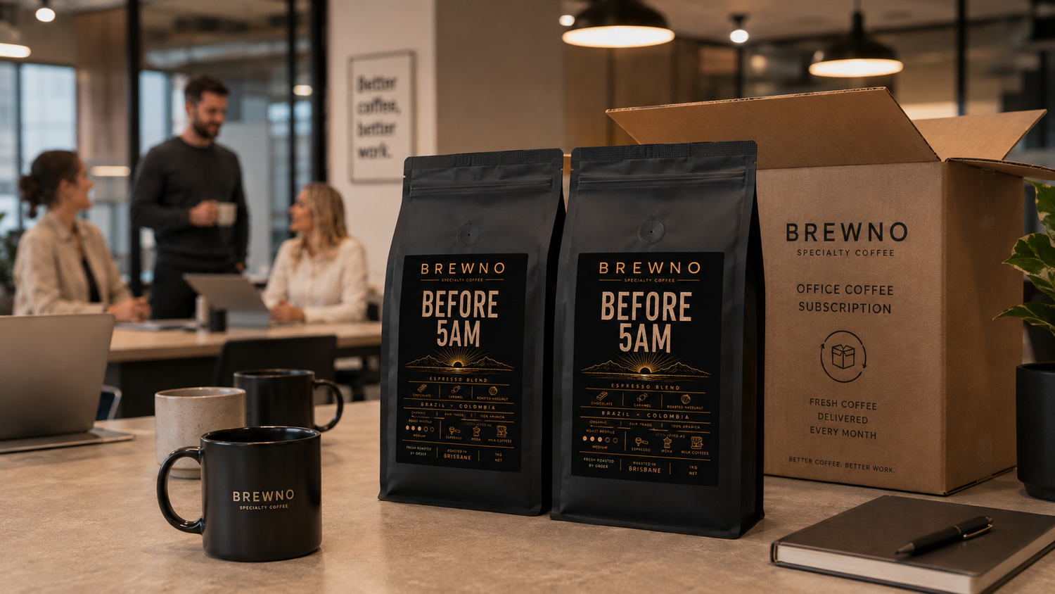 Before 5AM office coffee subscription with freshly roasted Brewno coffee beside an office espresso machine