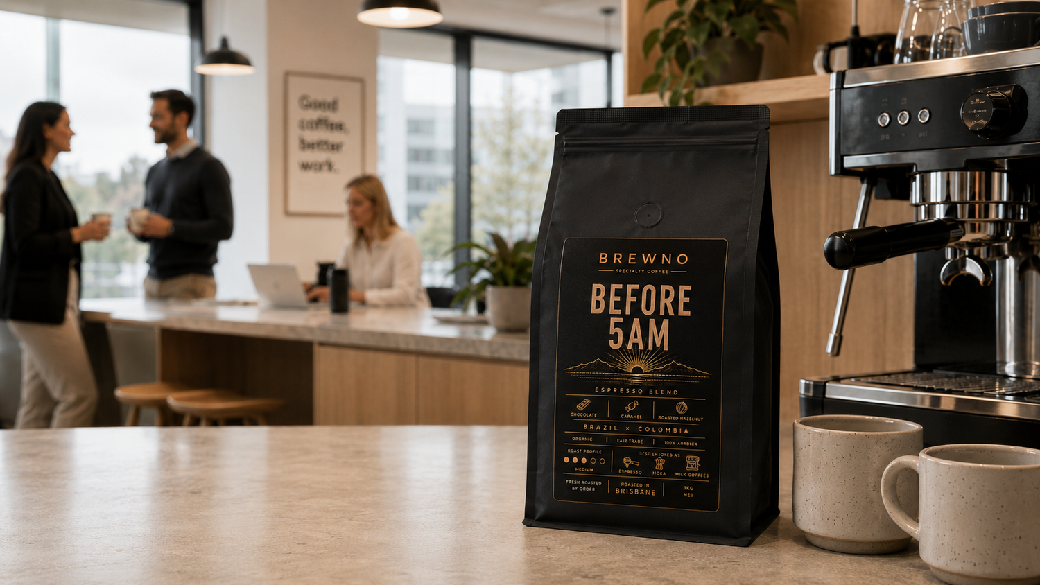 Brewno office coffee subscription delivery with Before 5AM coffee beans in an Australian workplace