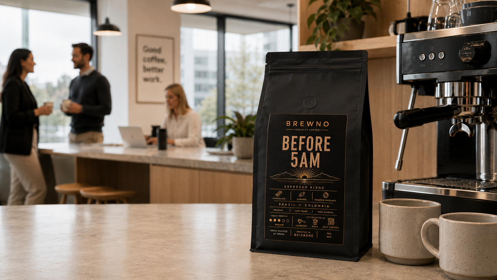 Brewno office coffee subscription delivery with Before 5AM coffee beans in an Australian workplace