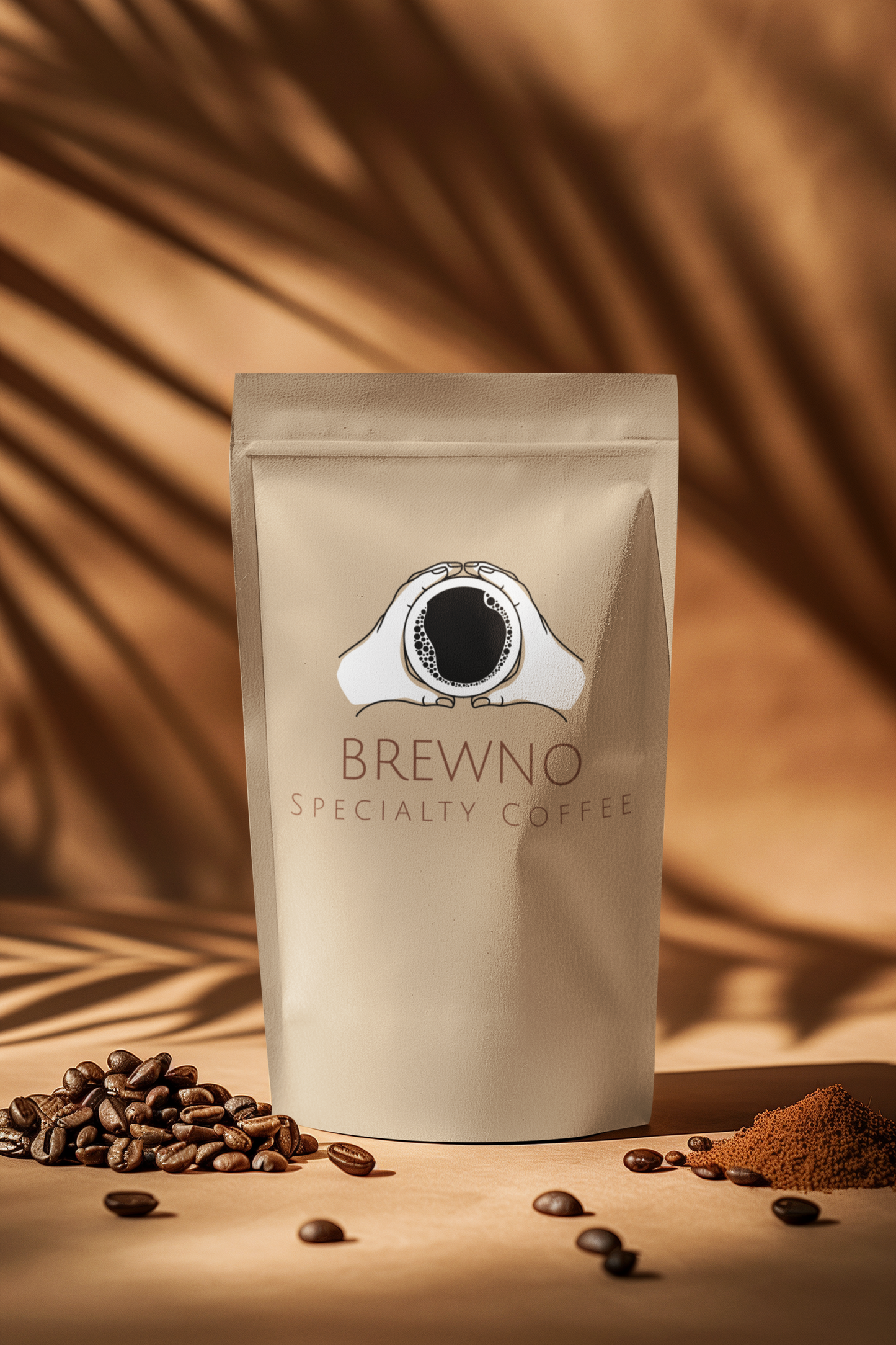 Brewno specialty coffee package with coffee beans and grounds on a warm brown background