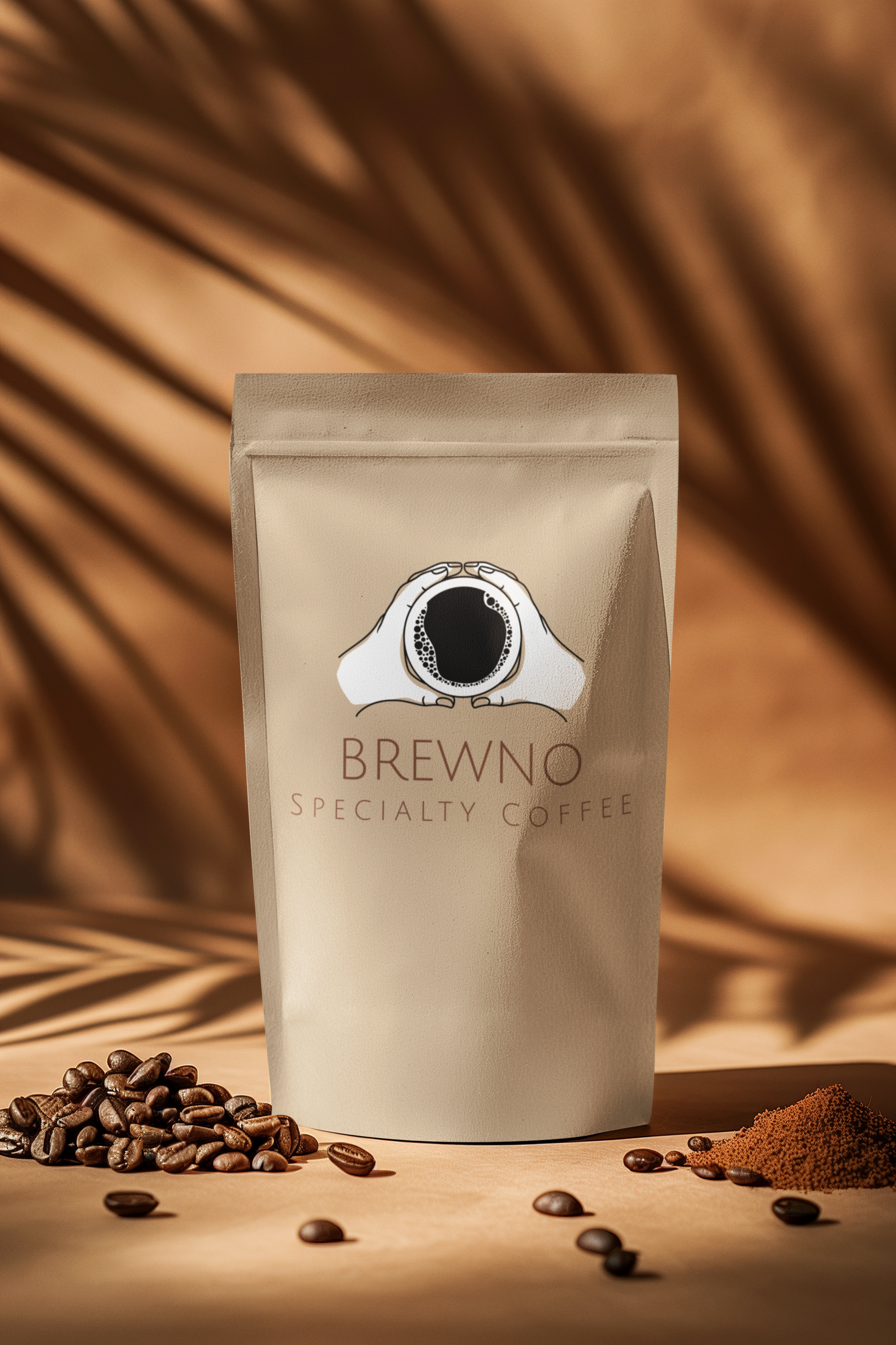 Brewno specialty coffee package with coffee beans and grounds on a warm brown background