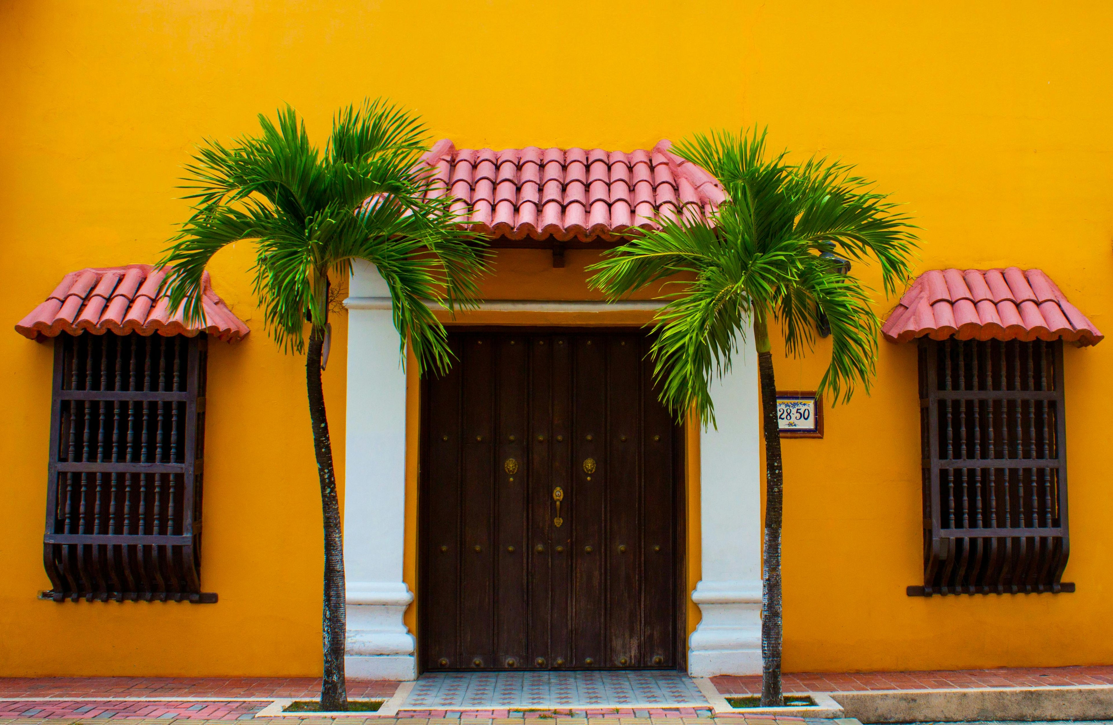 Yellow building with a red door and two palm trees in front