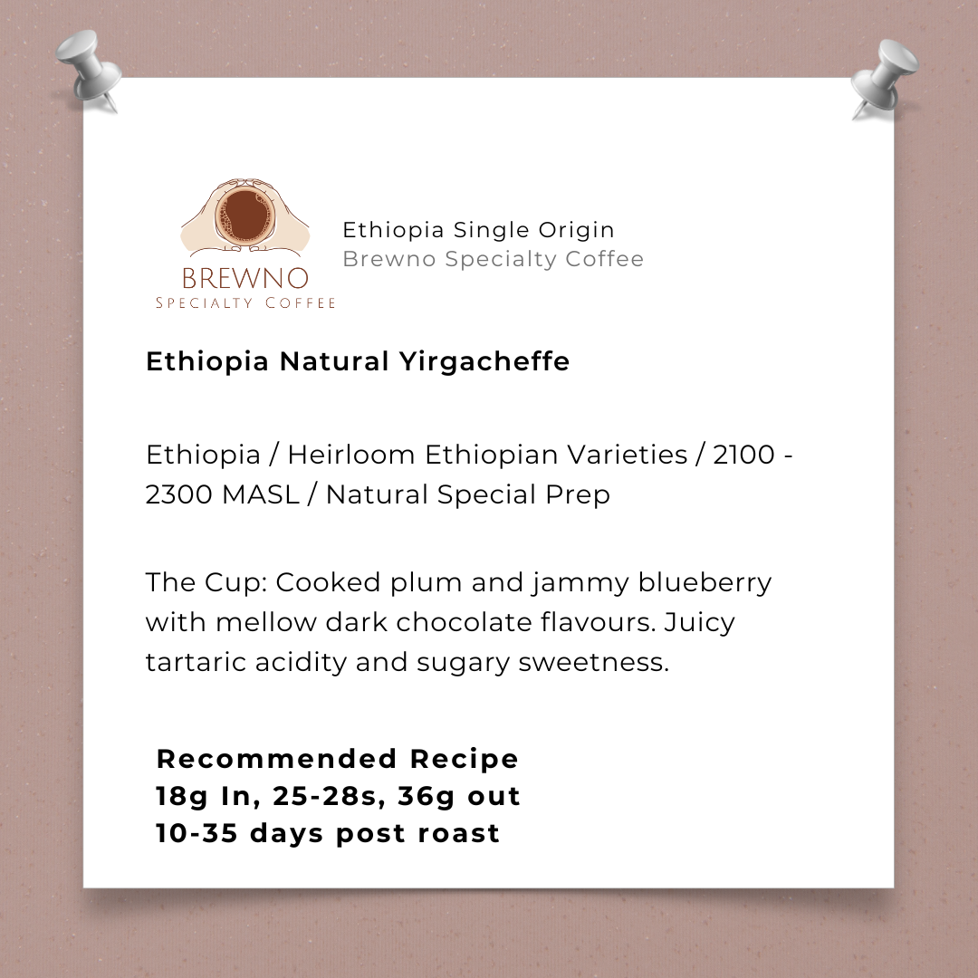Brewno Specialty Coffee Ethiopia Natural Yirgacheffe information sheet on a brown background