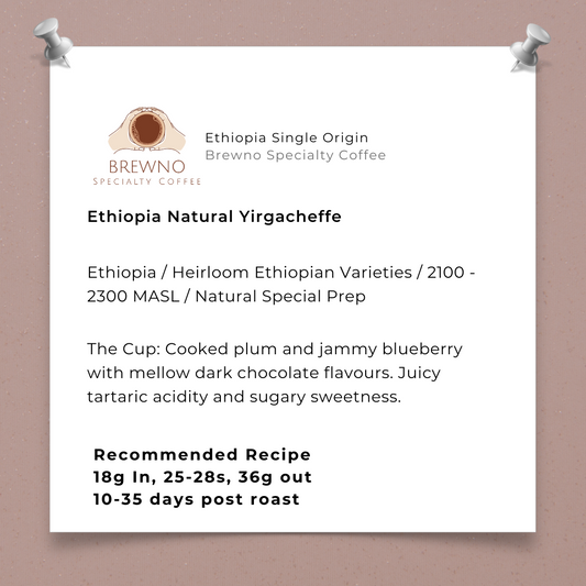 Brewno Specialty Coffee Ethiopia Natural Yirgacheffe information sheet on a brown background