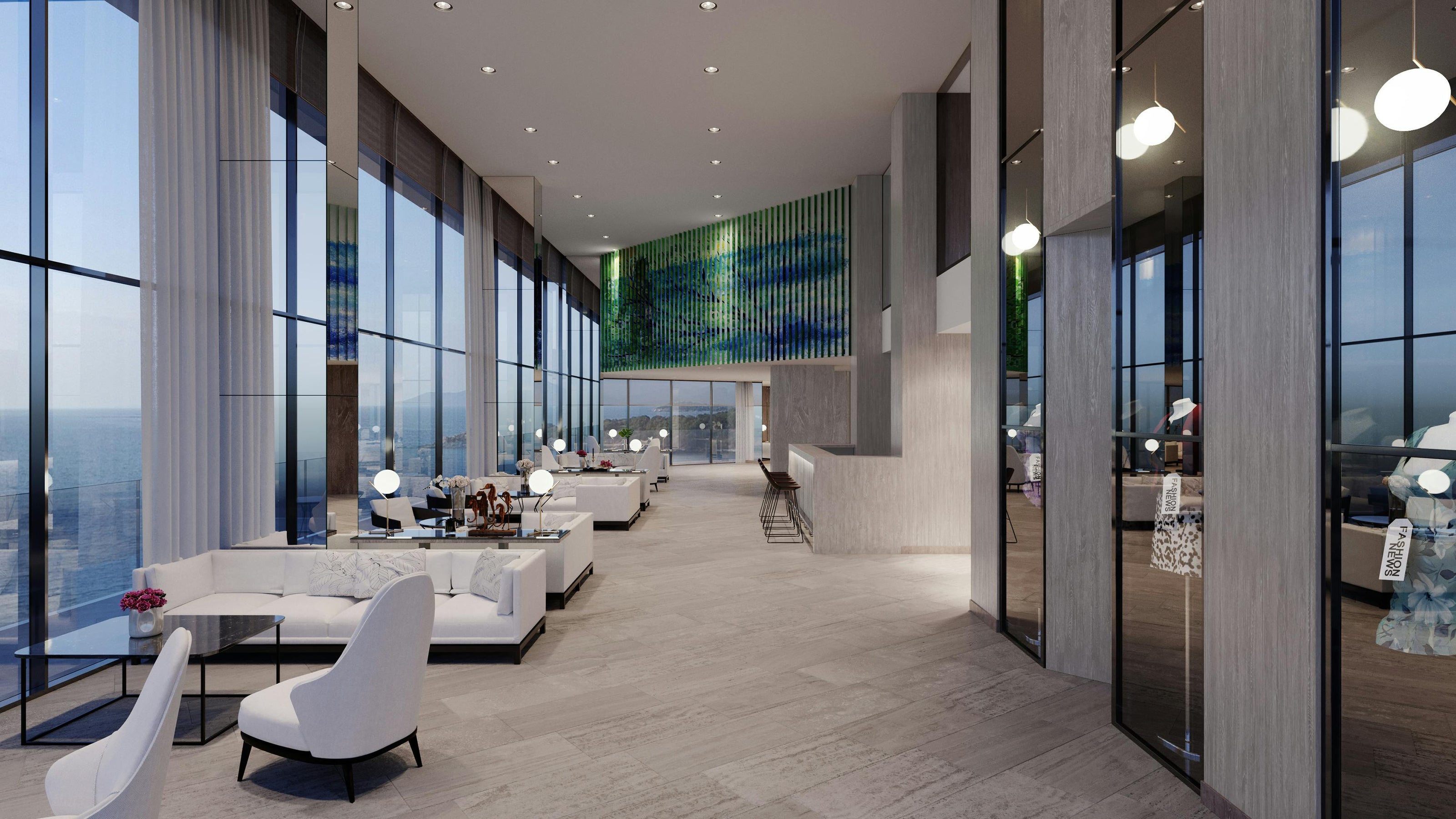 Modern hotel lobby with large windows, chairs, and a reception desk.